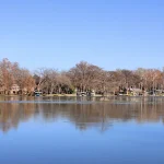 A calm lake with trees along the shoreline and a docked boat under a clear blue sky.